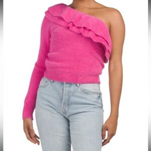 Off-the-Shoulder One sleeve  Fuchsia pink fuzzy ruffle Sweater M Barbie fun